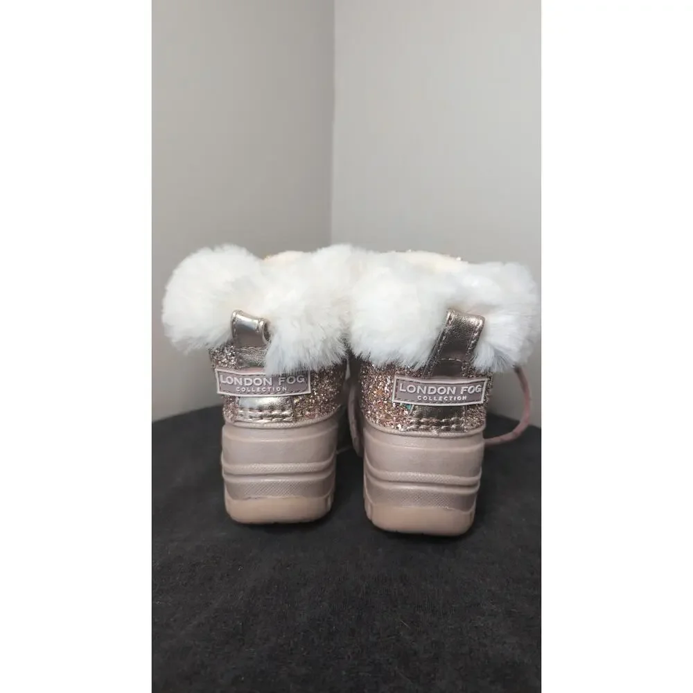 London Fog Girls Pink Glitter Faux Fur Snow Boots Size 8